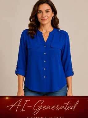 Adrienne Vittadini Blue Button Front Blouse with Silver Buttons Long Sleeve M